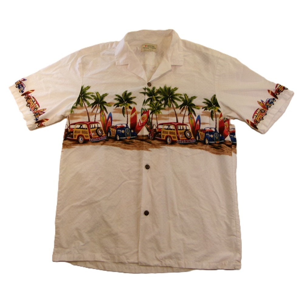 Royal Hawaiian Creations Mens‎ L Shirt White Woodie Surfboard Palm Tree Print